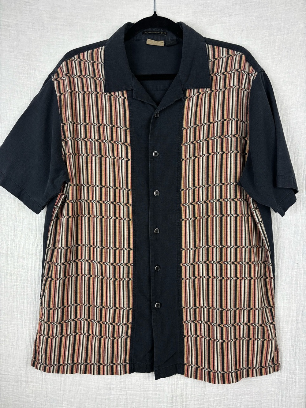 Axist Black Short-Sleeve Silk Blend Button-Down with Beige and Brown Pattern